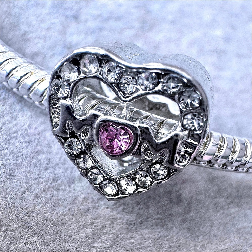 Pink Crystal Mom Heart Charm‎ Silver Tone Fits PANDORA